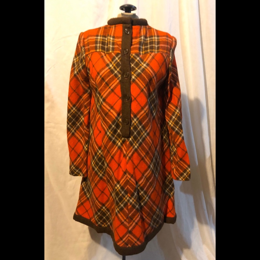 Vintage Wool Sweater Dress Red/Orange&Brown Tartan